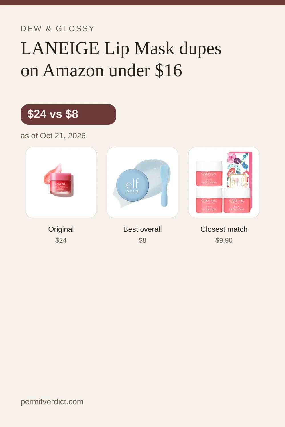 LANEIGE Lip Mask dupes on Amazon under $16. Prices as of Oct 21, 2026.
