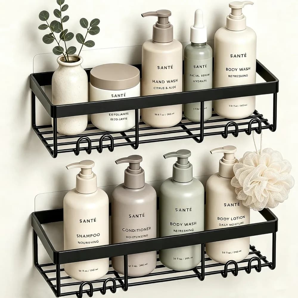 Amazon listing photo of Moforoco Self Adhesive Shower Caddy Shelf (Black, 2 pack)
