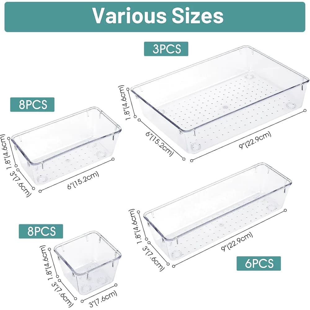 Amazon listing photo of 25 PCS Clear Plastic Drawer Organizer Set