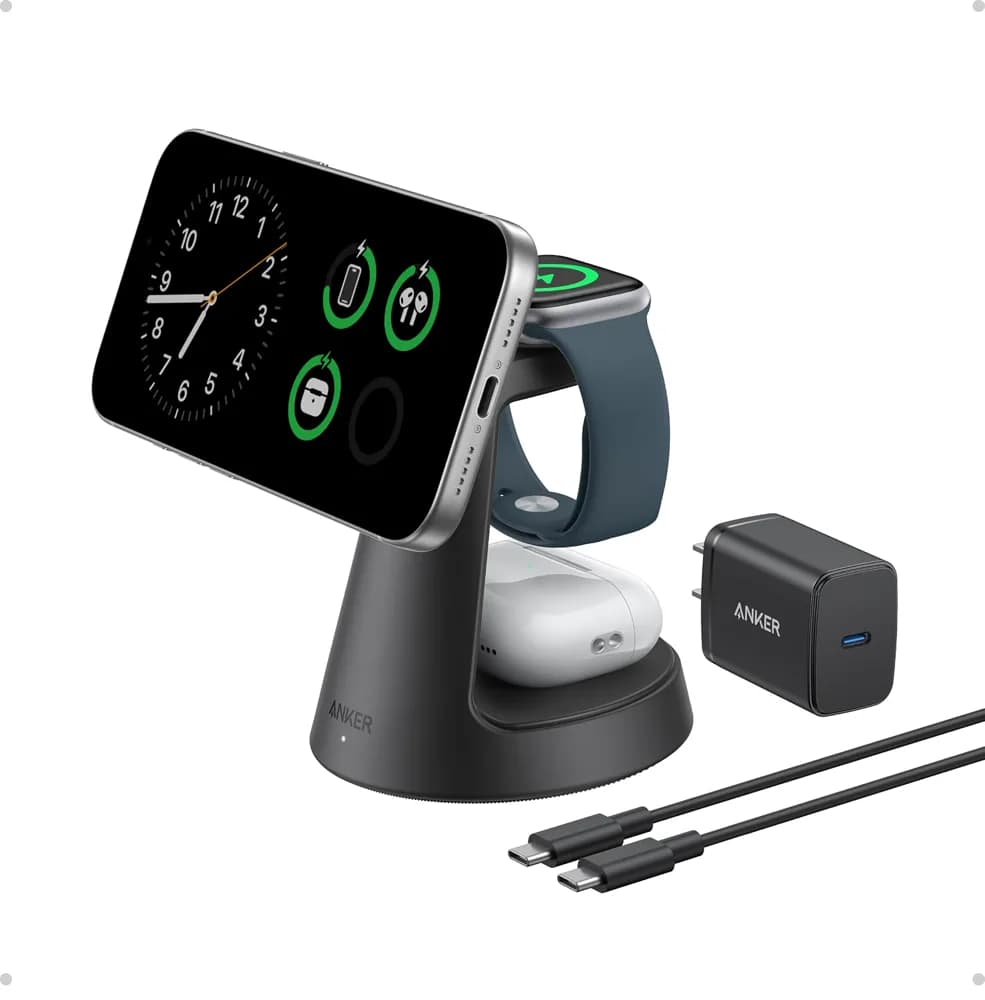 Amazon listing photo of Anker MagGo 3-in-1 Qi2 15W Charging Station