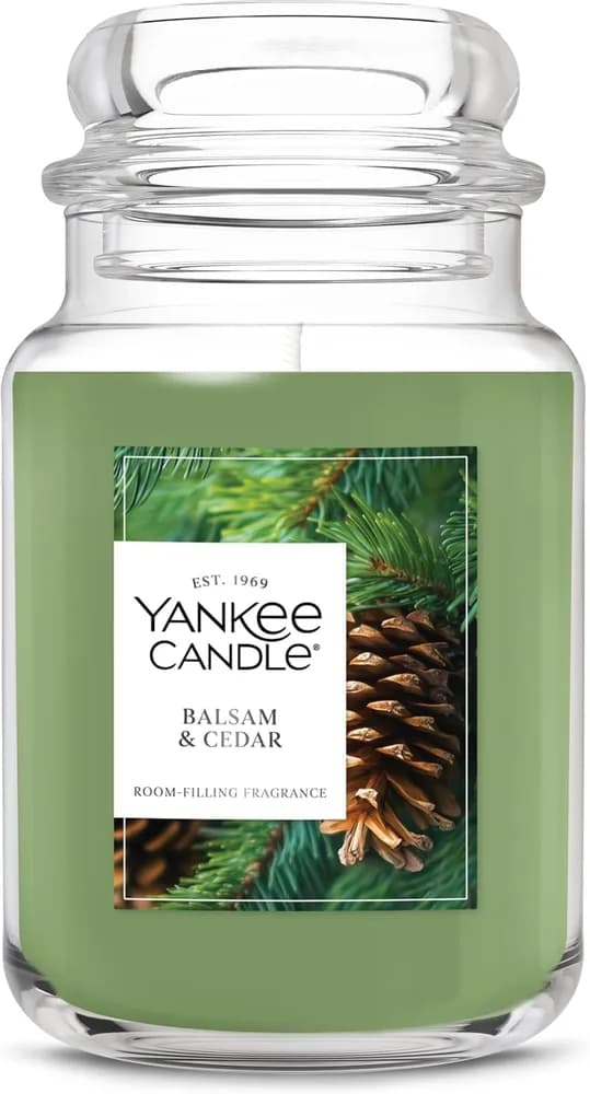 Amazon listing photo of Yankee Candle Balsam & Cedar Large Jar (22 oz)