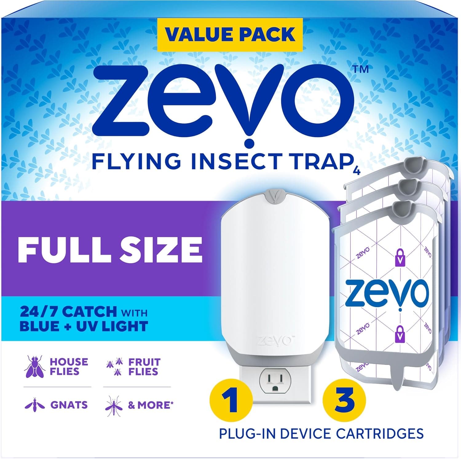 Zevo flying insect trap with one plug-in base and three refill cartridges