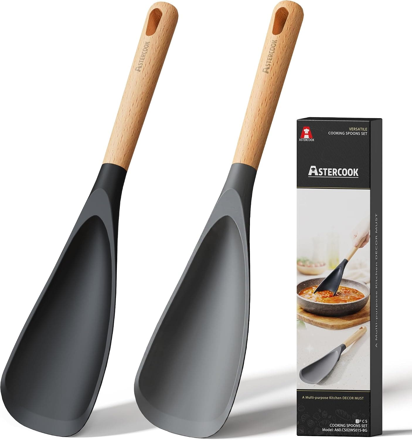 Astercook Spoonula cooking spoon 2-pack, silicone spatula-spoon hybrid for sauce pans