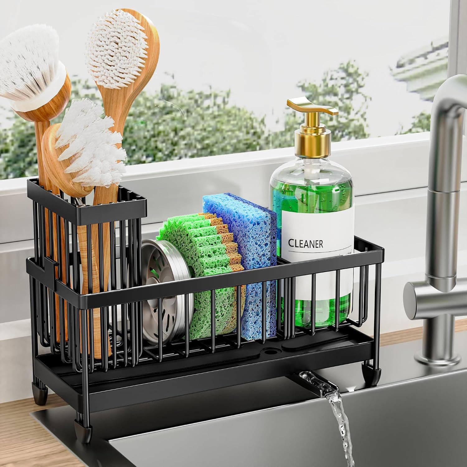 Cisily black 9.25-inch stainless sponge holder with self-drain spout for the kitchen sink