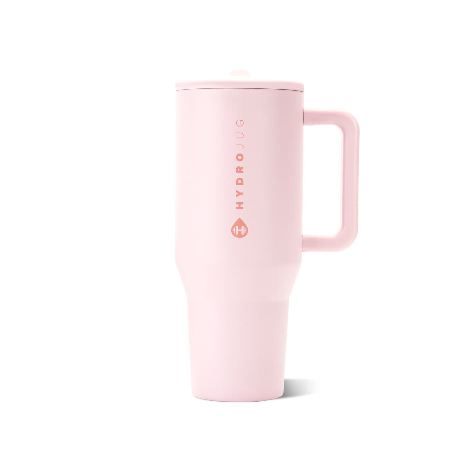 HydroJug Traveler 40 oz insulated tumbler in Pink Sand with flip straw and handle