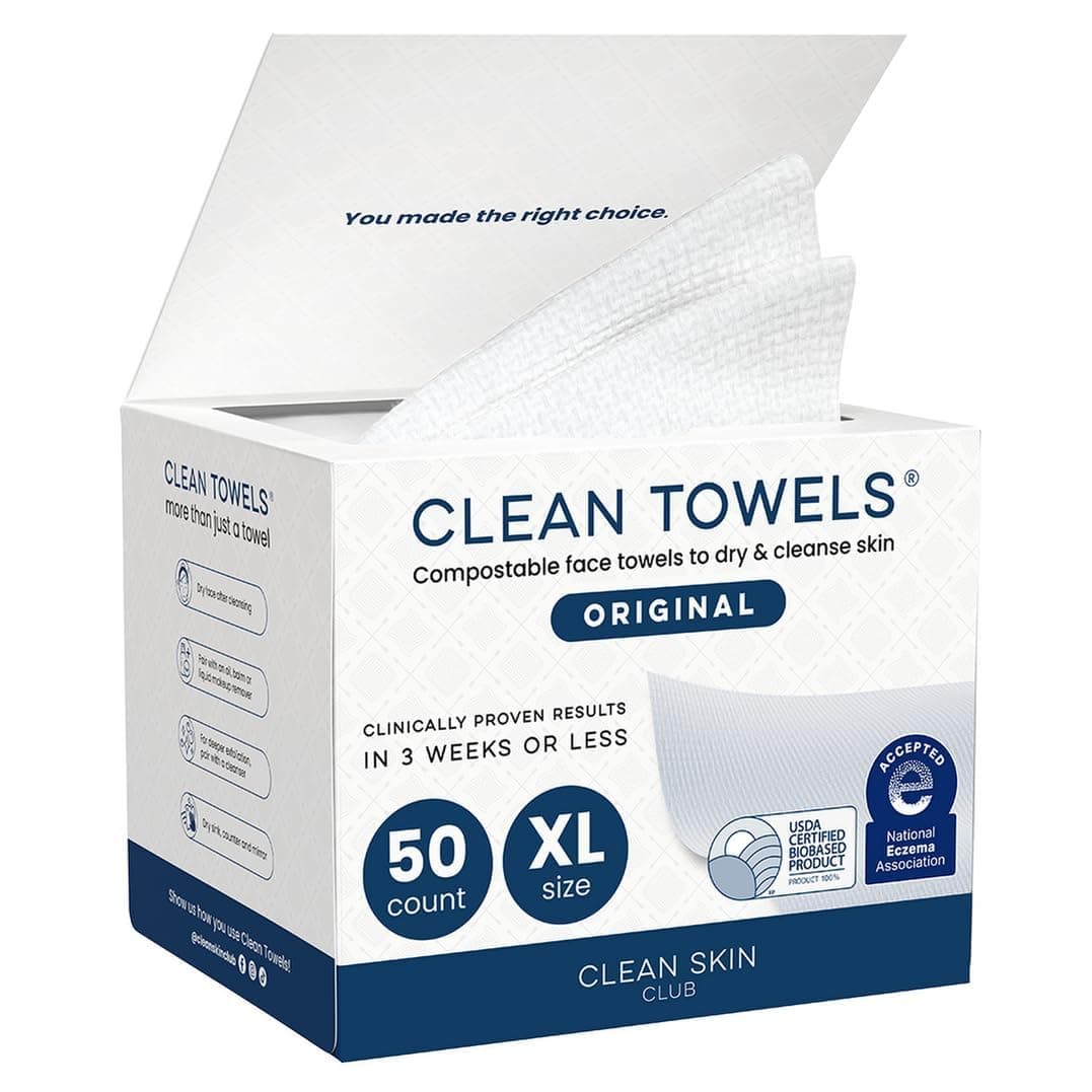 Clean Skin Club Clean Towels XL 50-count pack for a disposable biobased face towel instead of a reused washcloth