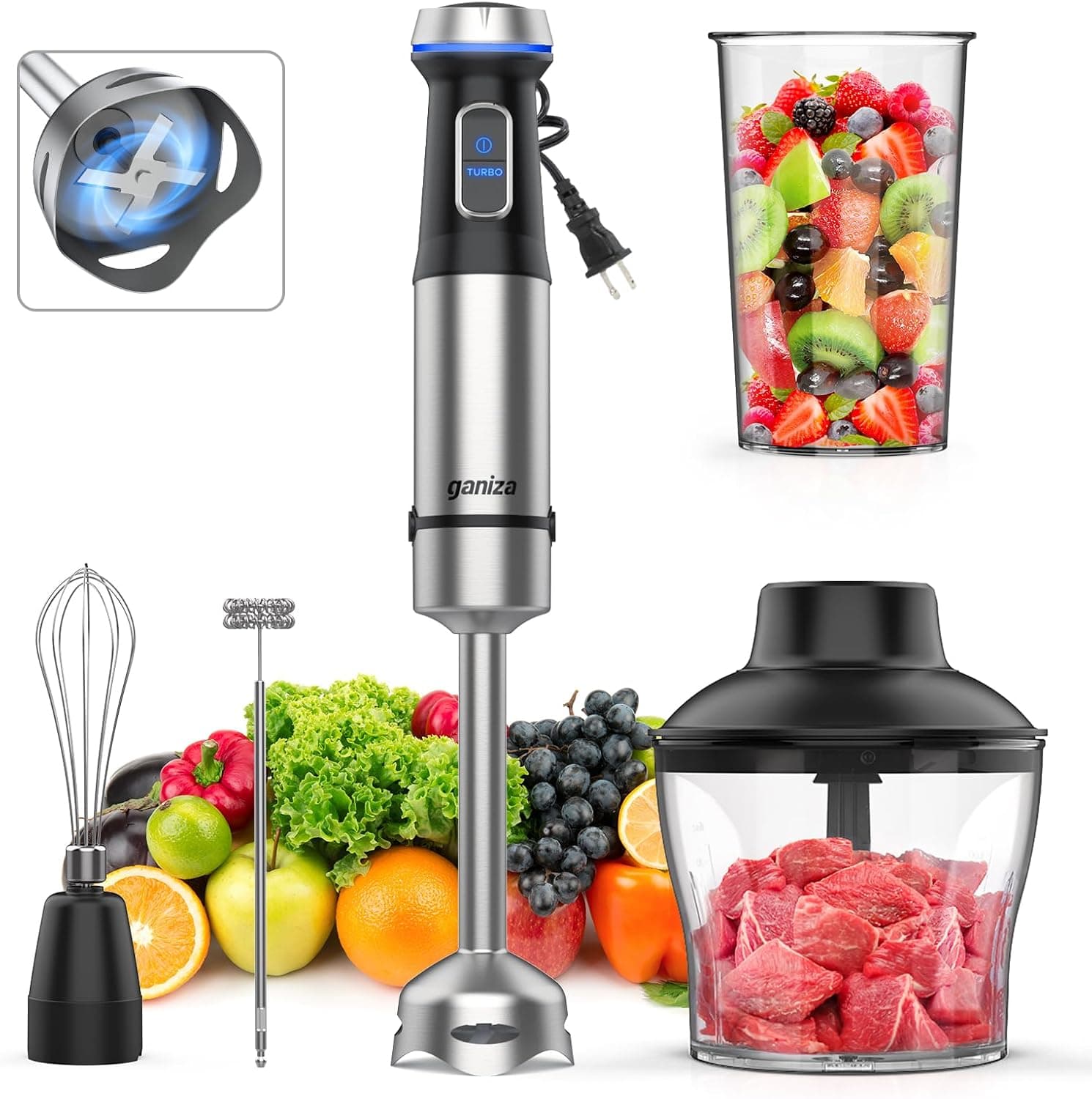 Ganiza 5-in-1 immersion blender handheld kit with beaker, chopper, whisk, and frother