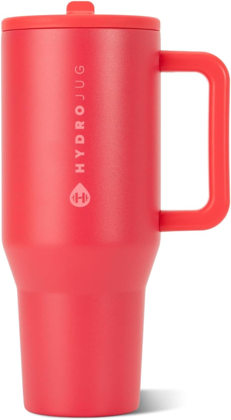 HydroJug Traveler 40 oz insulated tumbler in Fruit Punch with flip straw and handle