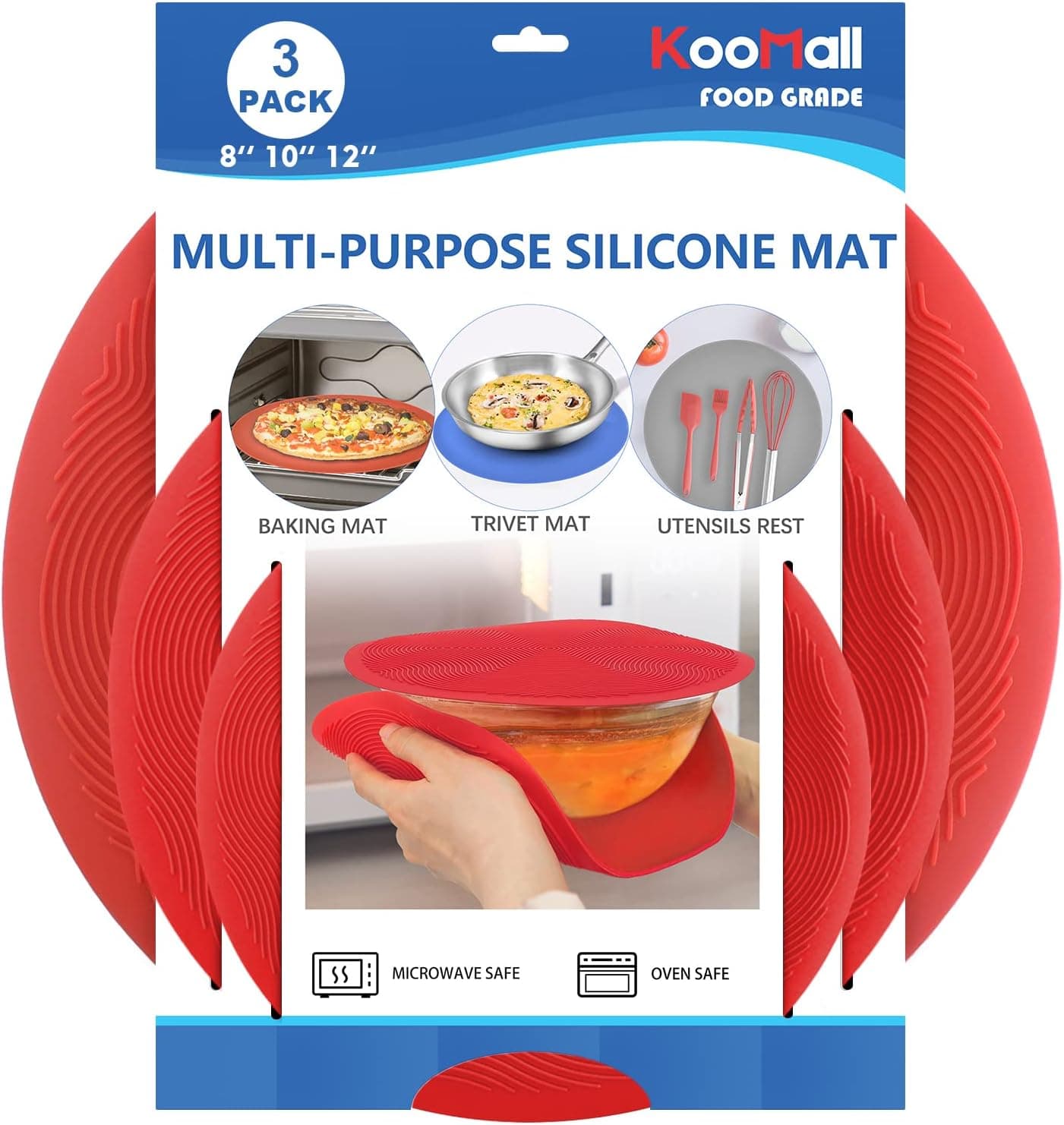 KooMall 8, 10, and 12 inch multi-use silicone microwave mats and trivets